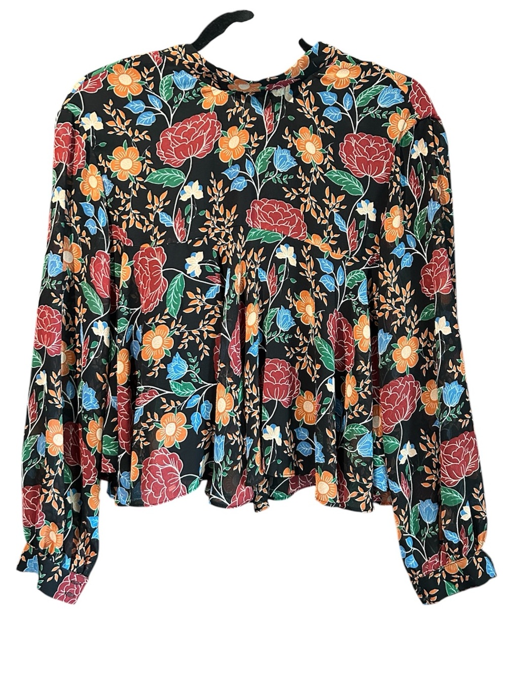 Zara Black Floral Long-Sleeve Cropped Peplum Blouse